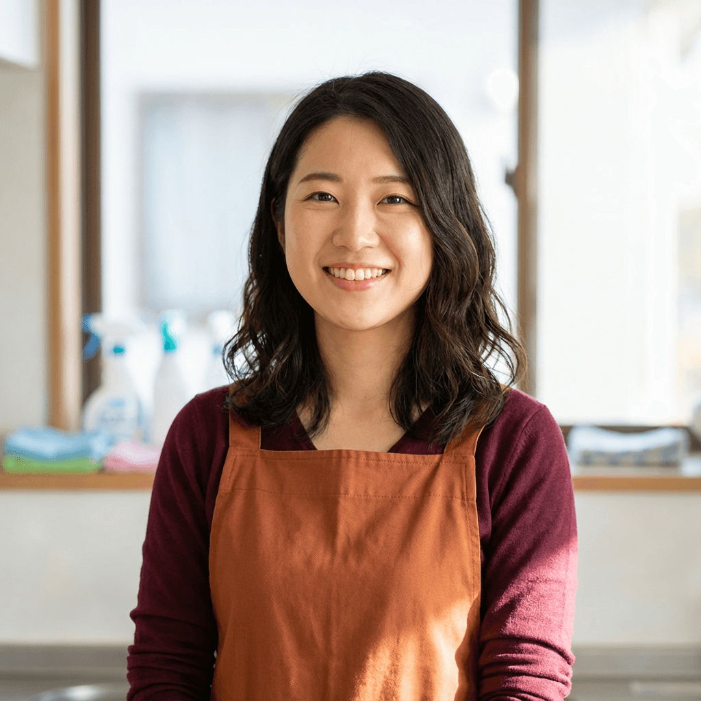 Sarah M. holding a linen kitchen towel