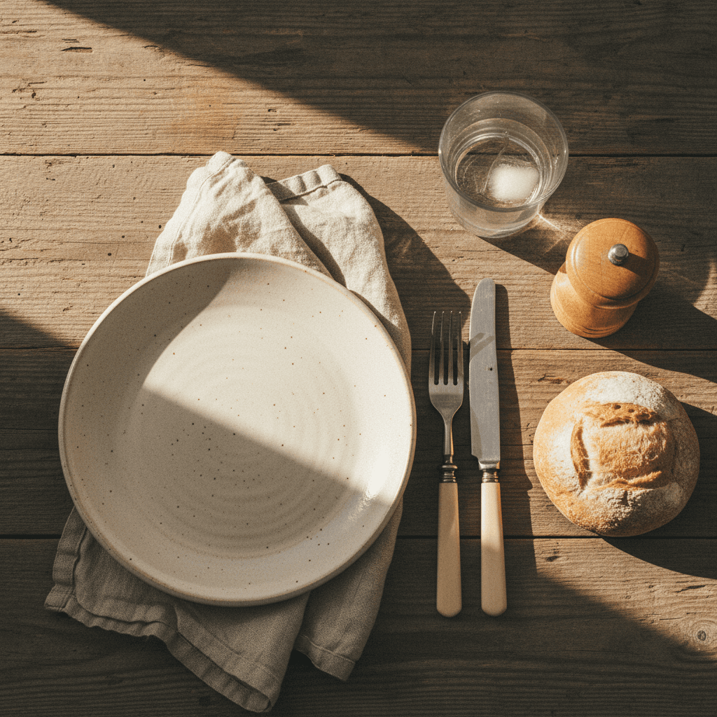 Linen napkins and stoneware plates on a dining table