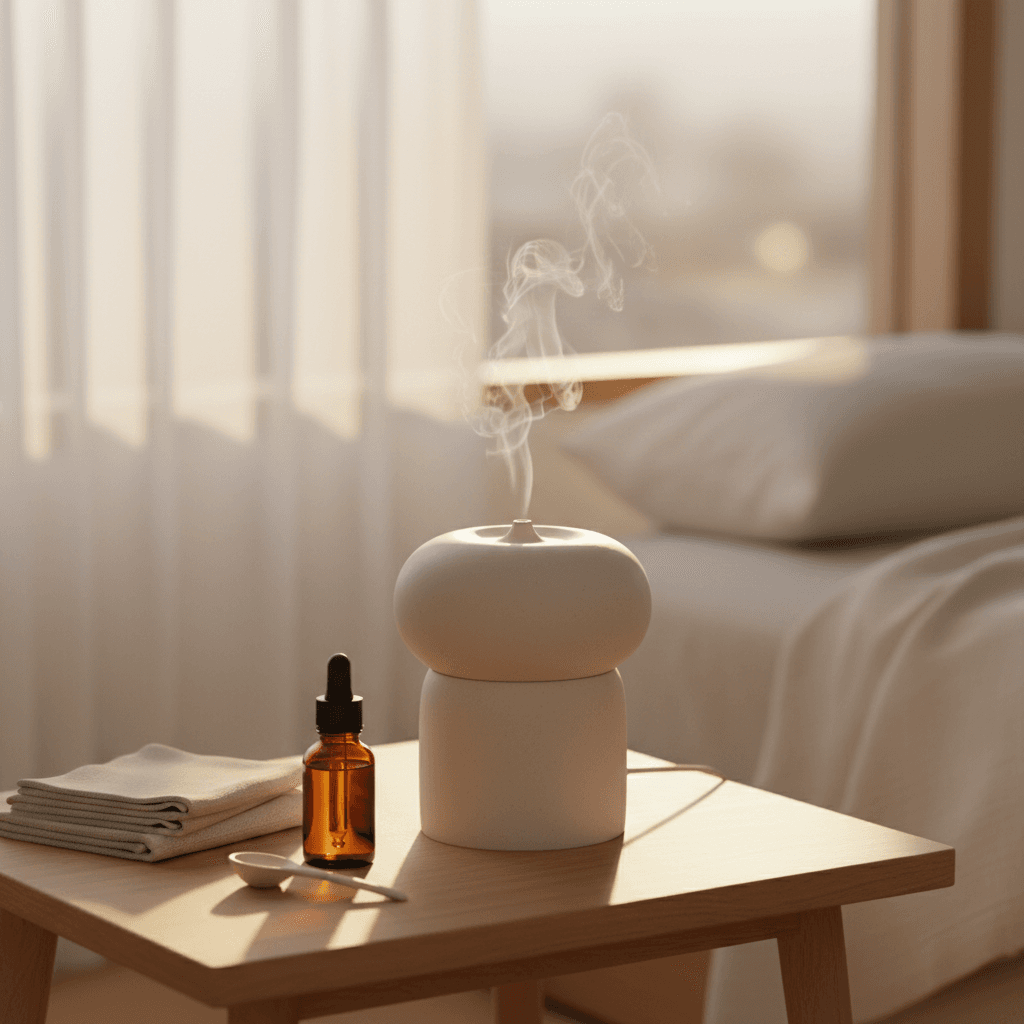 Ceramic diffuser on a wooden nightstand