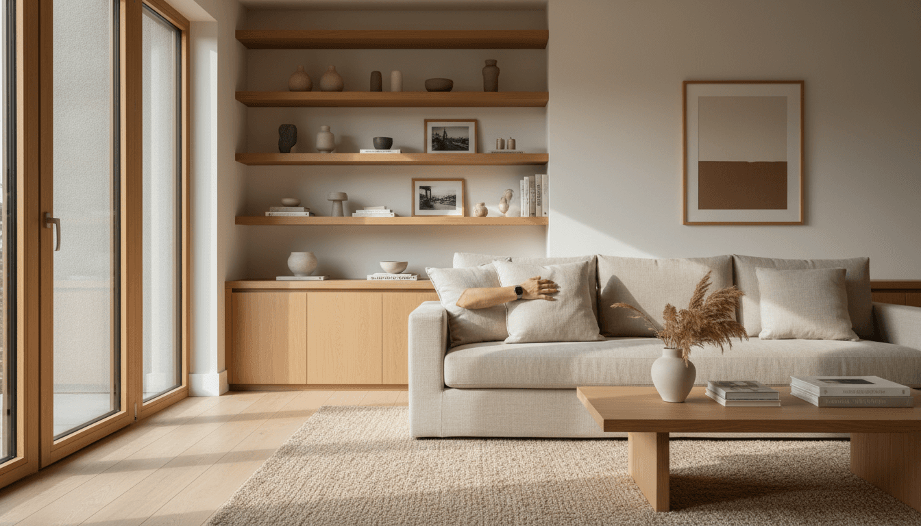 Cozy neutral living room with natural textures and warm sunlight