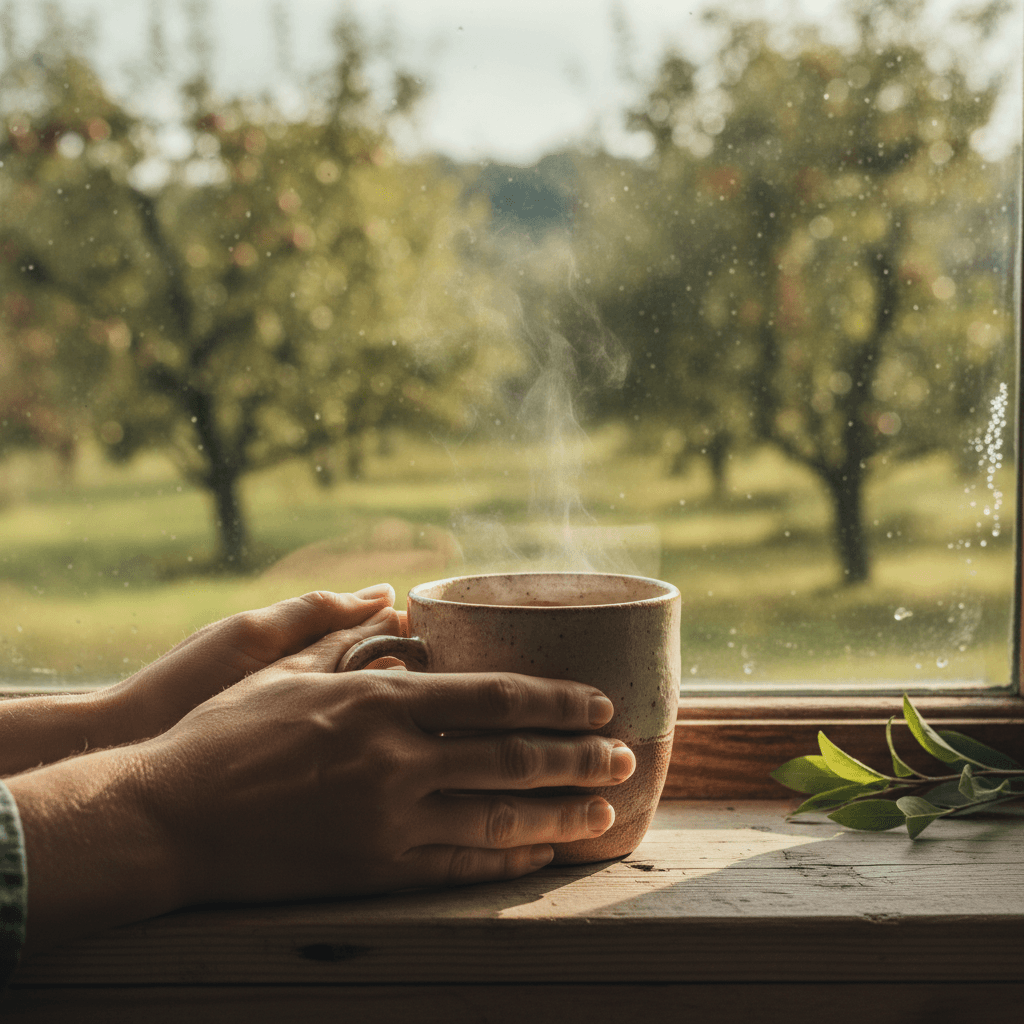 Ceramic mug on a wooden kitchen table