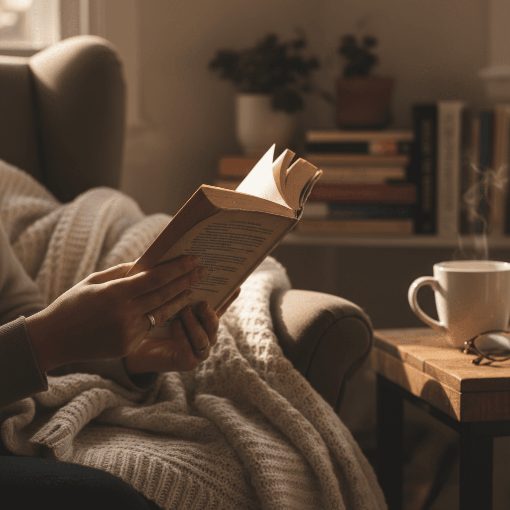 Woman relaxing on a sofa with a candle and book