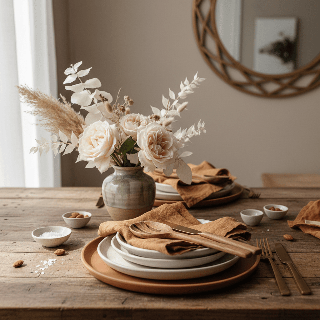 Sunlit still life of linen bedding, ceramic mugs, dried saffron flowers and wooden bowls on a warm kitchen table, editorial lifestyle photography, shallow depth of field