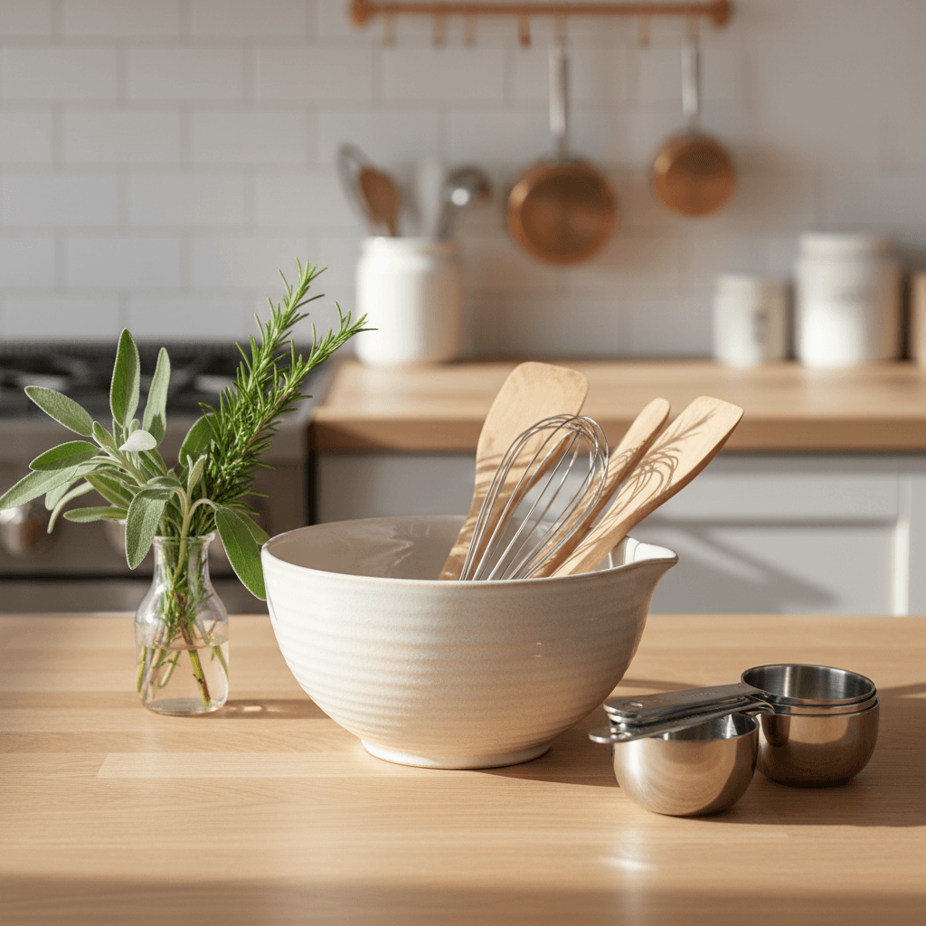 A cozy kitchen shelf with ceramic mugs and wooden kitchen items in warm natural light