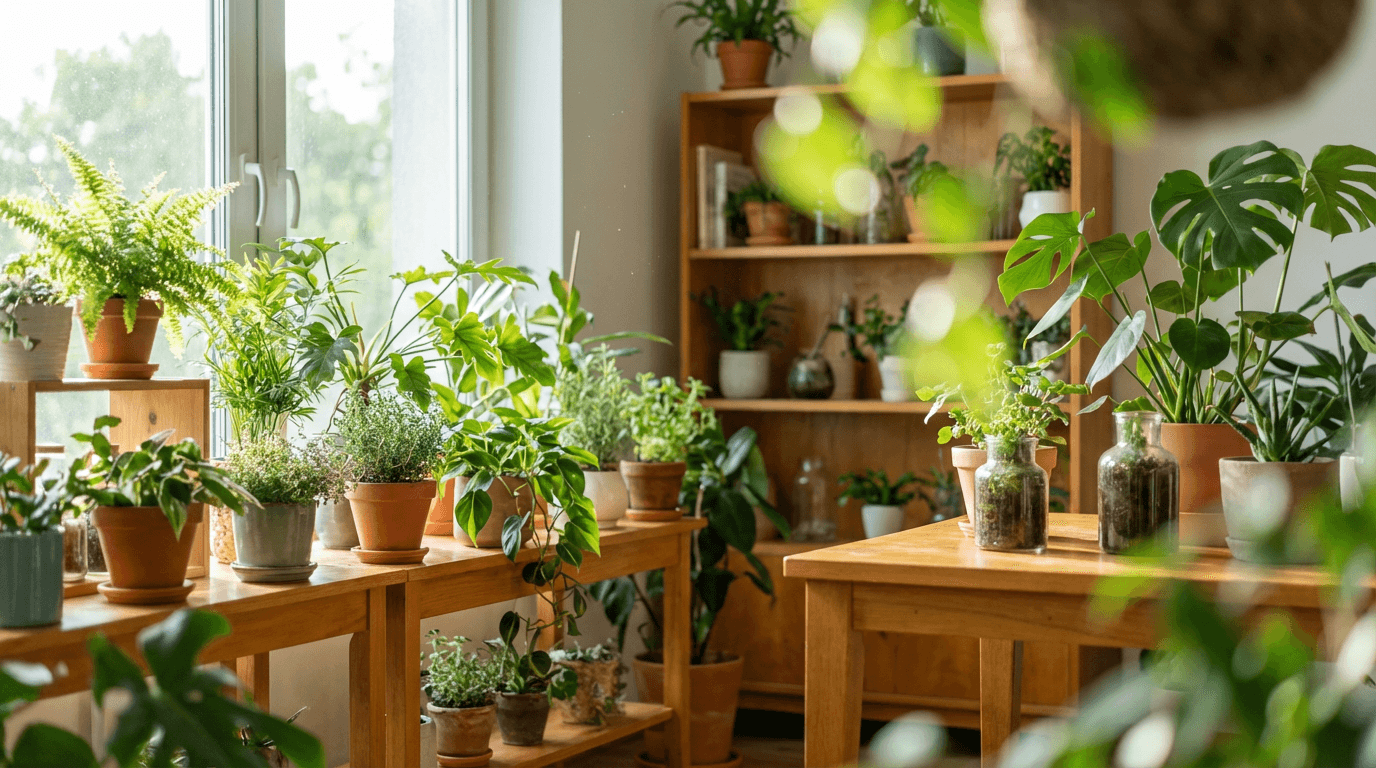 Green plant in a terracotta pot on a wooden shelf