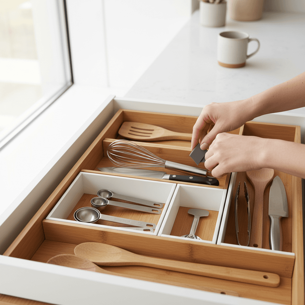 Bamboo kitchen utensils in a counter jar