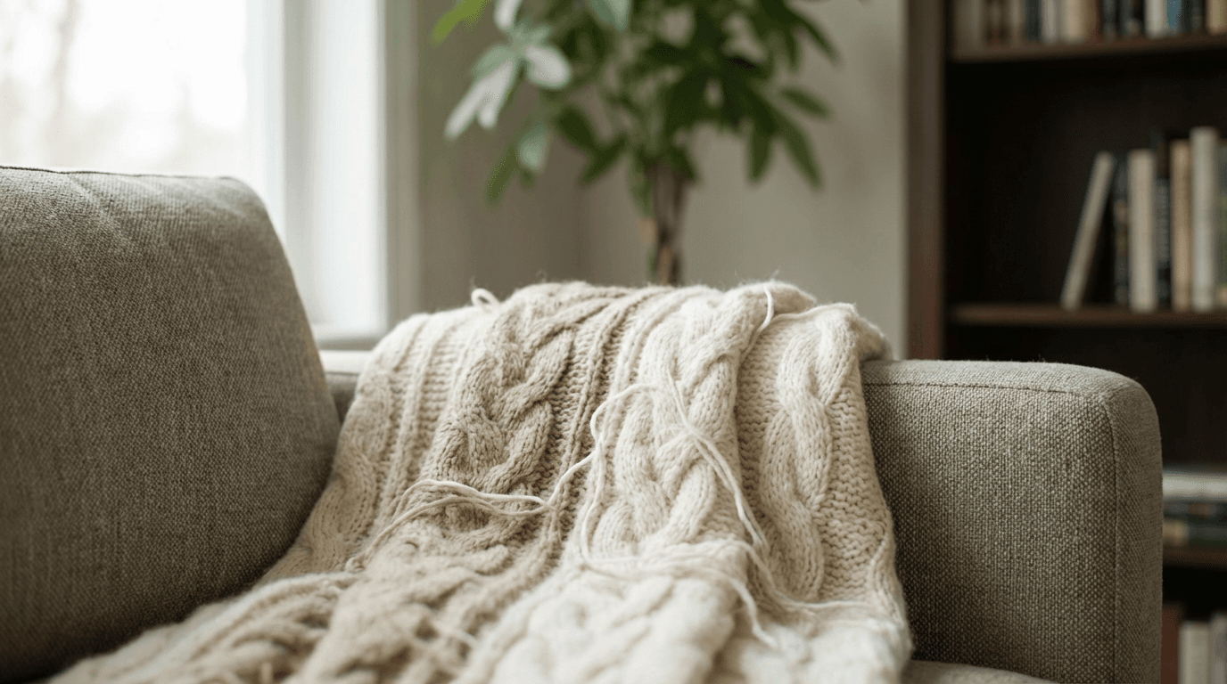 Woven throw blanket on a beige armchair