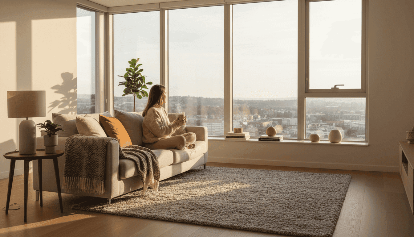 Woman sitting on a sofa in a sunlit apartment, gazing out at a city view.