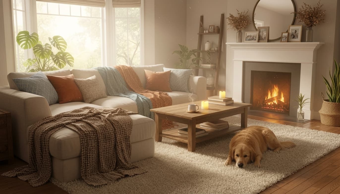 Sunlit living room with a golden retriever resting on a rug near a warm fireplace.