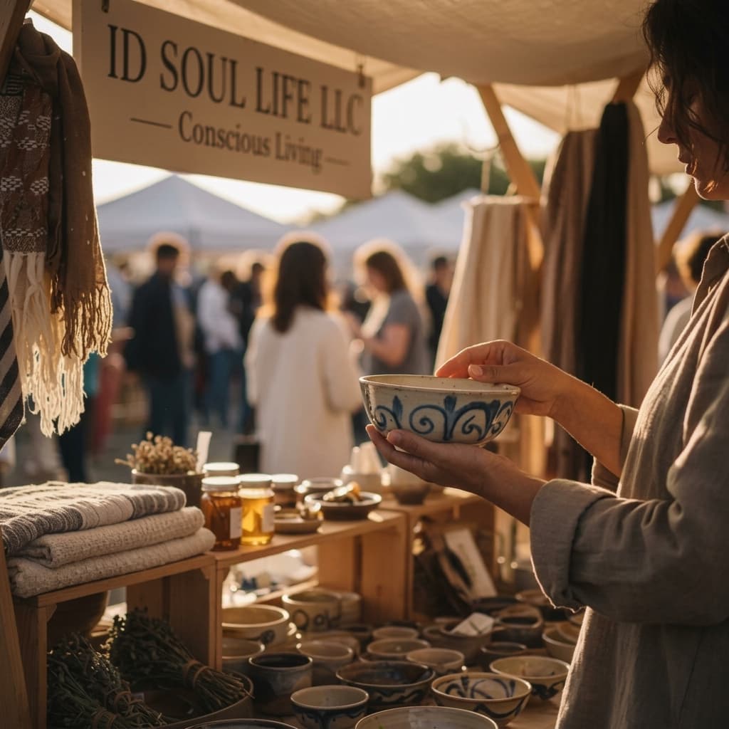 A person examines a patterned ceramic bowl at a sunlit outdoor artisan market stall.