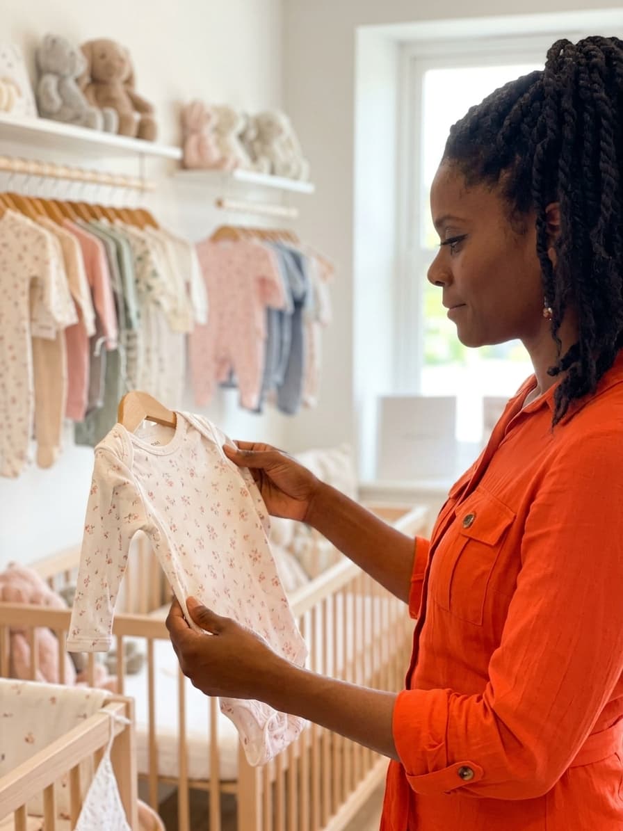 Black woman with braids holding a floral baby onesie in a bright baby boutique.